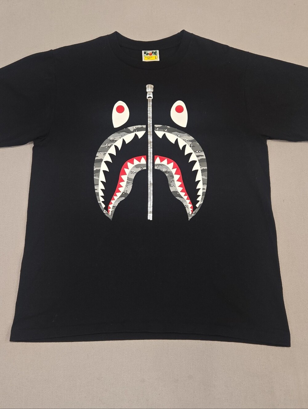 A Bathing Ape BAPE Shark Face Zip Tee Graphic T-Shirt Black Size L Men’s Cotton